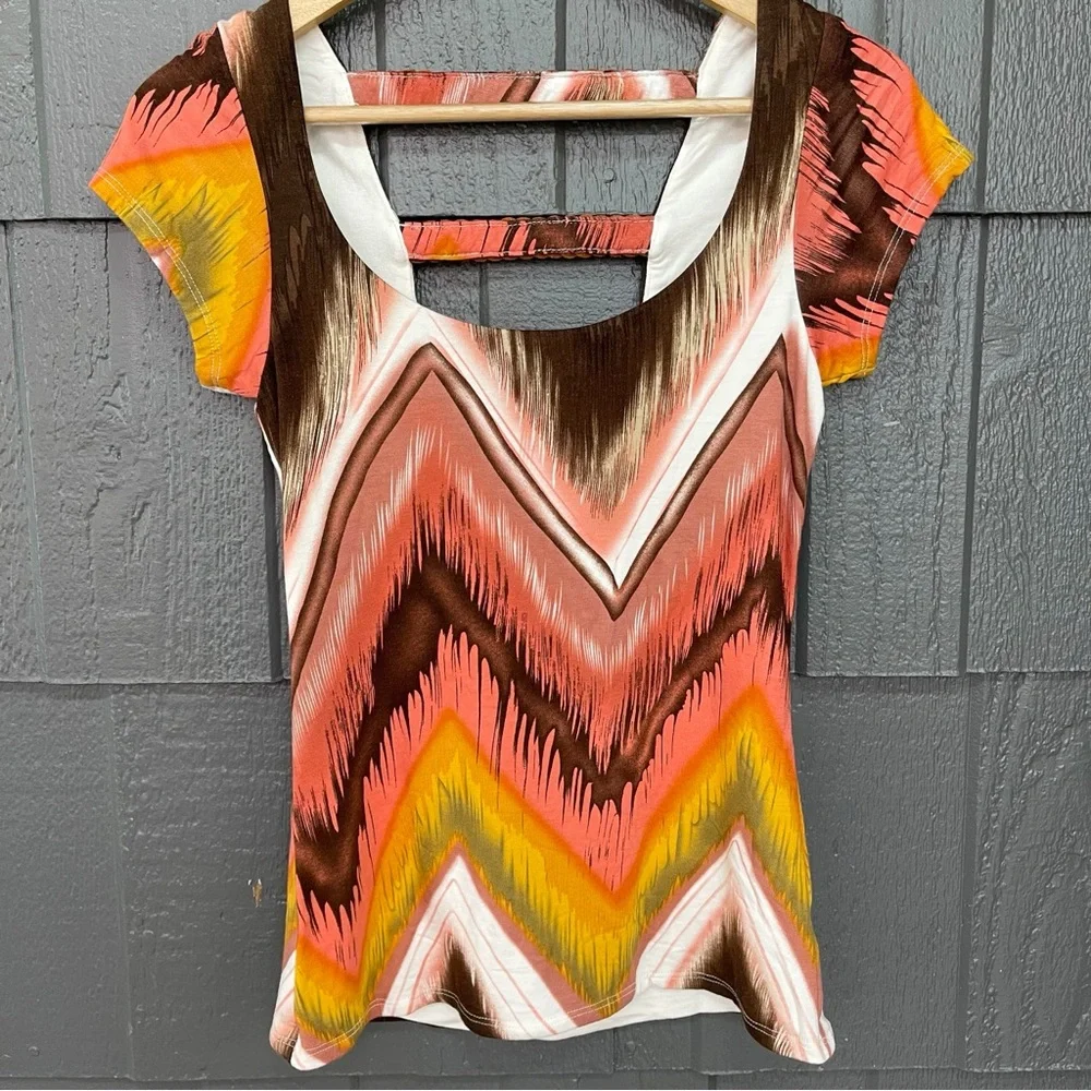 Sky Chevron Brown Orange Mustard Yellow Top with Faux Leather Braided Back - Picture 4 of 8